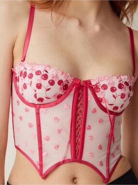 Out From Under UO Cherry Heart Mesh Corset Top Size Medium